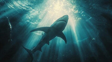 Obraz premium Shark swimming in sunlit underwater environment.