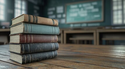 Stack of Vintage Books on Wooden Table in Classroom Setting