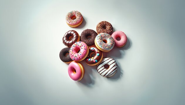 Mix of multicolored doughnuts with sprinkles on blue background.