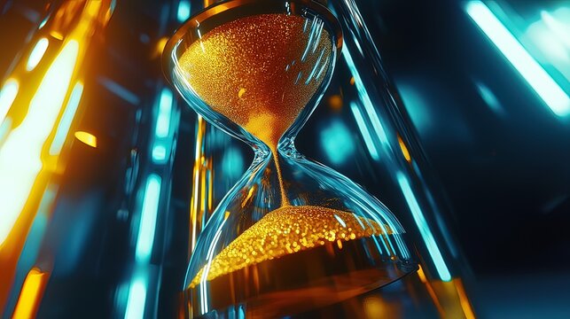 Close-up of an hourglass with glowing lines in background, symbolizing time and technology.