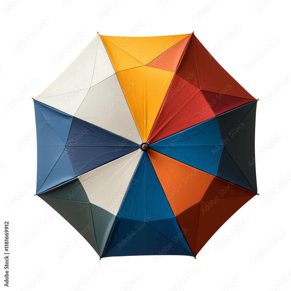 Aufkleber top view of colorful geometric patterned umbrella featuring vibrant triangular sections in shades of blue, red, orange, yellow, and white, creating striking symmetrical design
