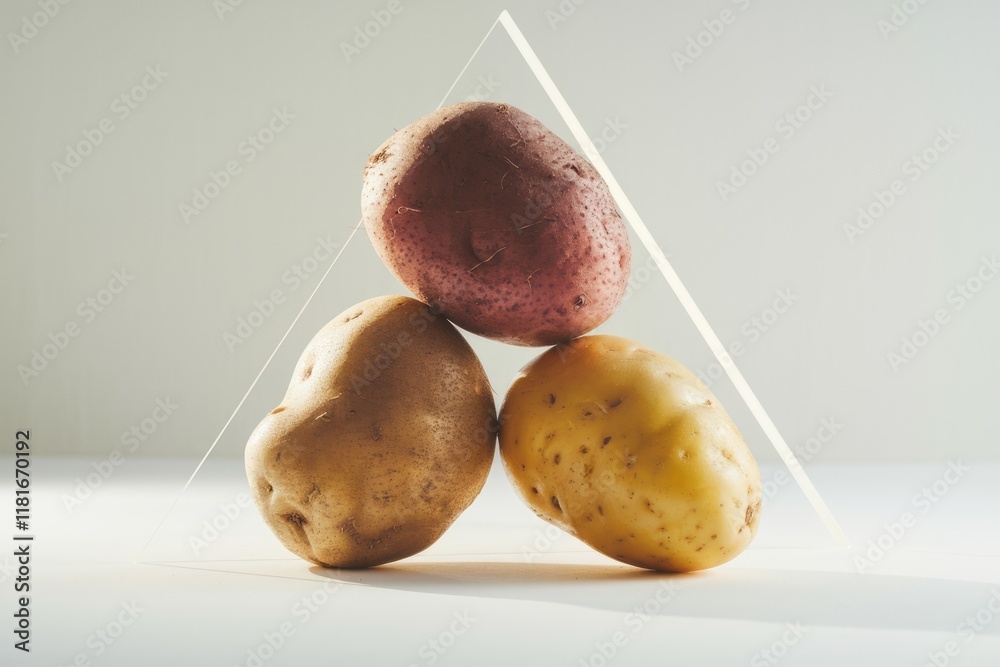 Poster Three potatoes of different colors forming a triangle shape against a light background.