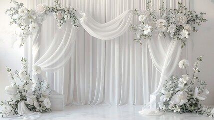 Isolated wedding decorations with white flowers, ribbons, and a decorative arch