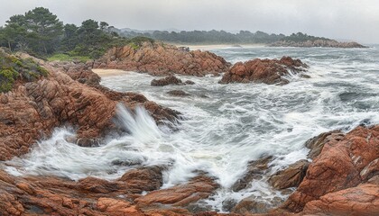 Fototapeta premium Rugged Coastline, Crashing Waves, Dramatic Cliffs, Windswept Trees, Nature, Travel Photography