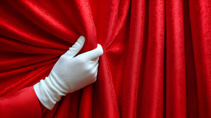 Hand Opens Red Curtain Dramatically, Revealing Mystery