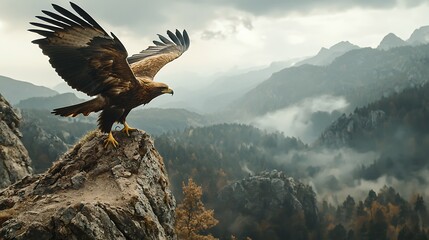 Majestic eagle soaring over misty mountains.