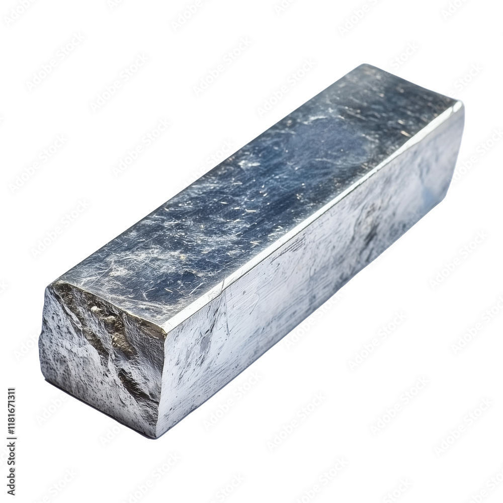 Poster solid aluminum bar with metallic finish, isolated on transparency background, showcasing its rectangular shape and textured surface