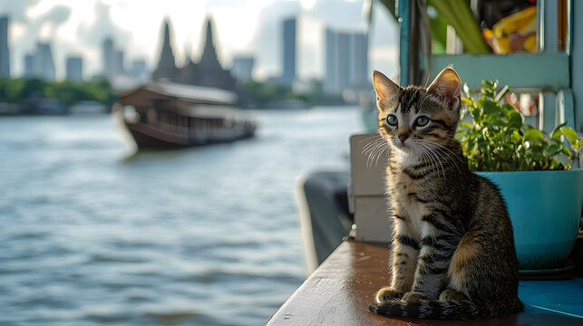 A curious kitten sitting on the deck of a houseboat on the Chao Phraya River, with views of Bangkok&rsquo;s skyline and iconic temples in the background 