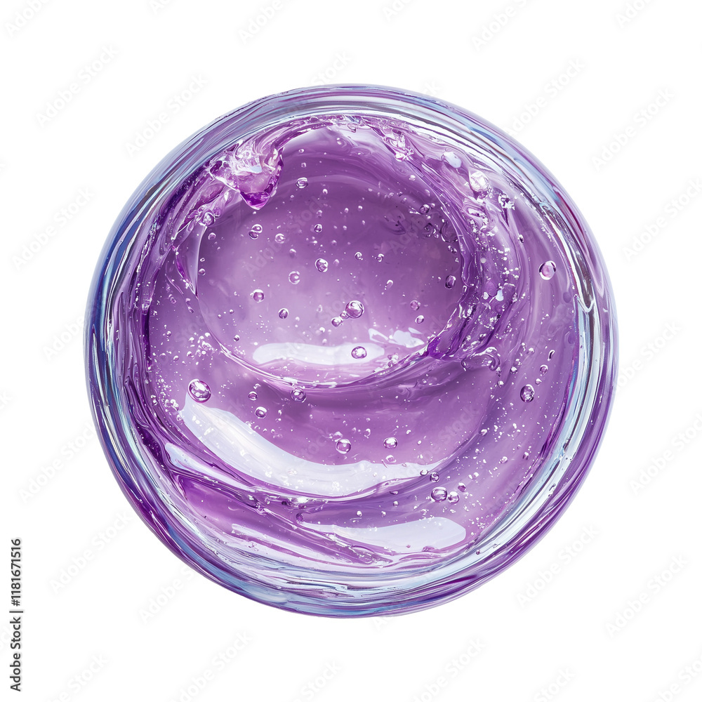 Poster soft lilac gel with smooth texture and air bubbles, isolated on transparency background, viewed from
