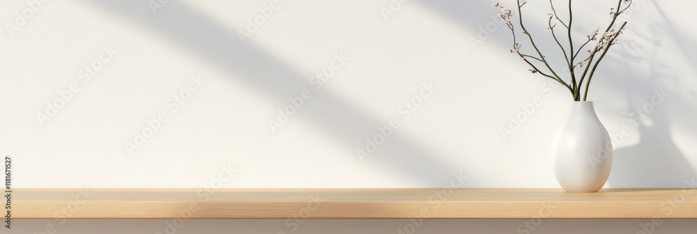 Poster sunlight creates shadows on a minimalist kitchen shelf with a white vase containing flowering branch