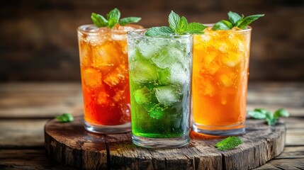 Refreshing Colorful Fruit Teas in Glasses for a Summer Day