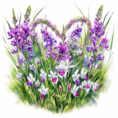 Naklejka premium Vibrant Watercolor Painting of Purple and White Orchids and Wildflowers in Lush Green Foliage