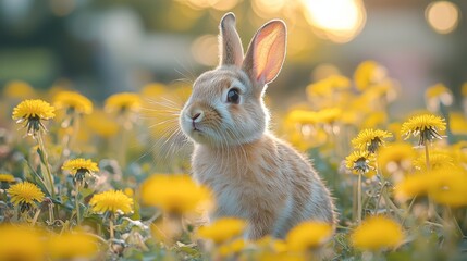 Fototapeta premium Rabbit among vibrant yellow flowers in golden sunlight