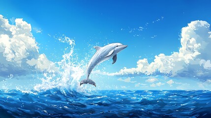 Dolphin leaping over ocean waves under a blue sky.