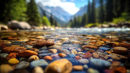 Colorful river rocks underwater, shallow stream, mountain background.