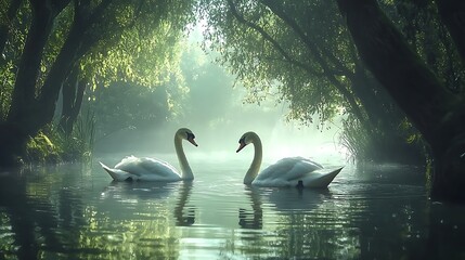 Serene swans gliding through a misty lake.