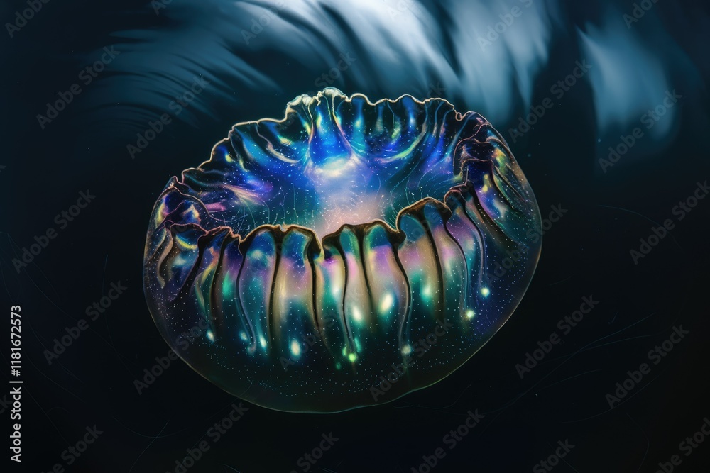 Poster an iridescent jellyfish, a mesmerizing spectacle of bioluminescence in the deep ocean.