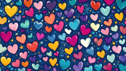 Vibrant Intricate Pattern of Hearts and Stars on Dark Background