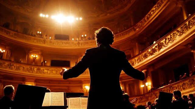 Conductor Leads Orchestra in Majestic Concert Hall: A Silhouette of Passion and Precision in Classical Music Performance