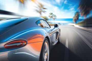 Naklejka premium Sleek silver sports car speeding along a coastal highway, sun reflecting on its polished surface.
