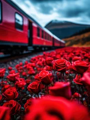 Fototapete Rund This stunning scene captures a red train passing through a field of vibrant red roses, embodying the beauty of nature and the thrill of travel in a picturesque landscape. © DKPhoto