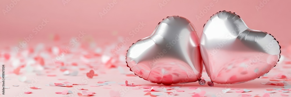 Aufkleber two silver heart shaped balloons resting on a pink background adorned with small paper hearts, creat