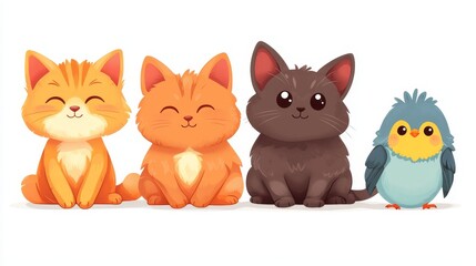 Obraz premium Cute cartoon pets including cats and a bird