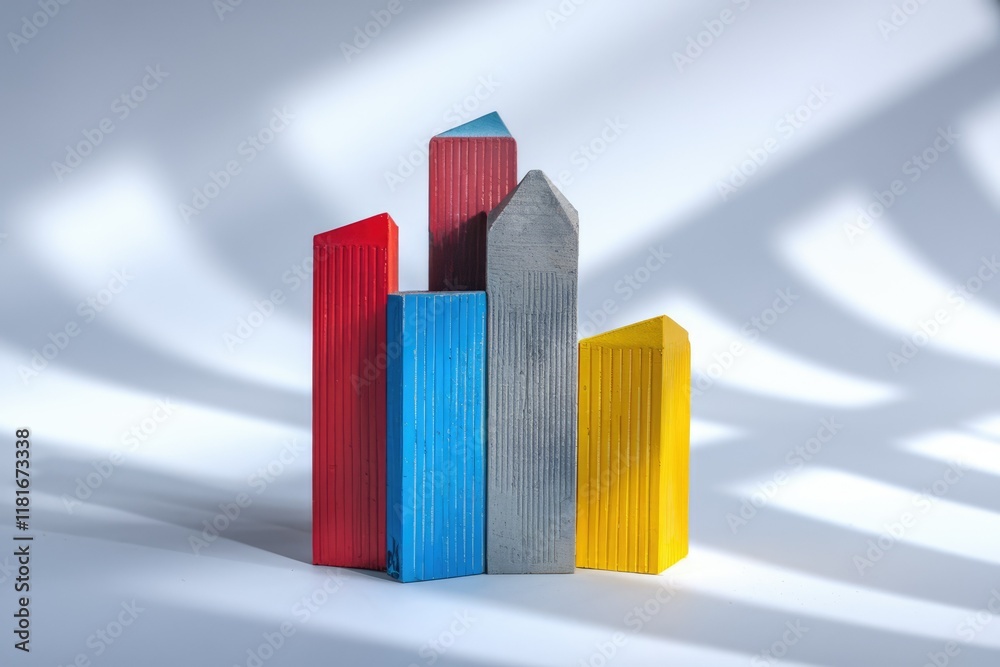 Poster colorful block buildings arranged in a city skyline, casting shadows on a light background.