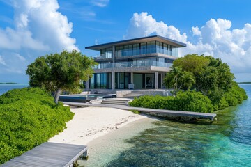 A luxury mansion on a secluded island with modern architecture, a sandy pathway, and a private dock
