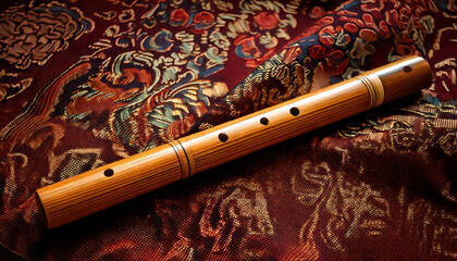 Naklejka premium Elegant wooden flute rests on rich, ornate fabric. Perfect for websites, blogs, or music-related projects needing a sophisticated, artistic touch. High-resolution image ideal for print and digital