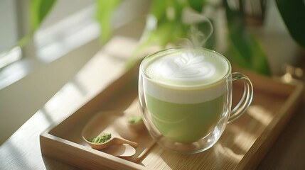 A steaming cup of matcha latte on a wooden tray.