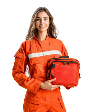 smiling female paramedic in orange uniform holding red first aid kit, isolated on transparency background