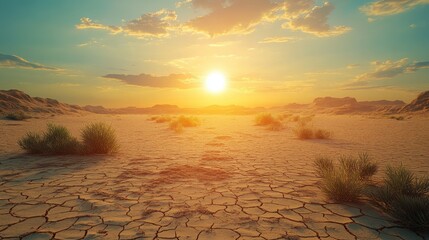 Realistic 3D Desert Landscape at Sunset with Green Patches