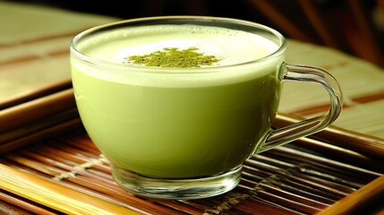 Creamy green beverage in a glass cup.