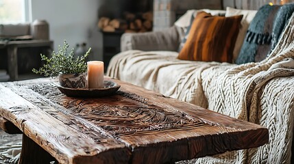 Cozy living room with rustic decor and ambiance.