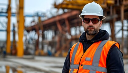 Fototapeta premium Engineer in helmet, reflective vest and sunglasses o construction background.