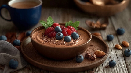 An artistic flat-lay photo of a keto dessert, featuring a decadent chocolate avocado mousse garnished with fresh berries and mint leaves. The dessert is placed on a rustic wooden surface