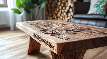 Intricately carved wooden coffee table in a cozy setting.
