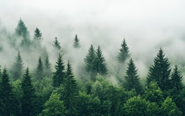 Fototapeta premium Misty Forest Landscape Evergreen Trees in Foggy Woodland Scene.