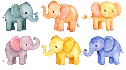 Fototapeta premium A colorful collection of six cute, stylized elephants in various shades, showcasing their playful and whimsical nature.