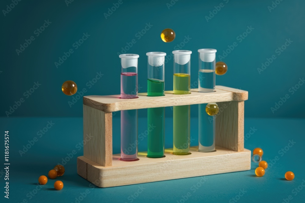 Poster colorful liquids in test tubes with floating orange spheres, a science experiment concept.