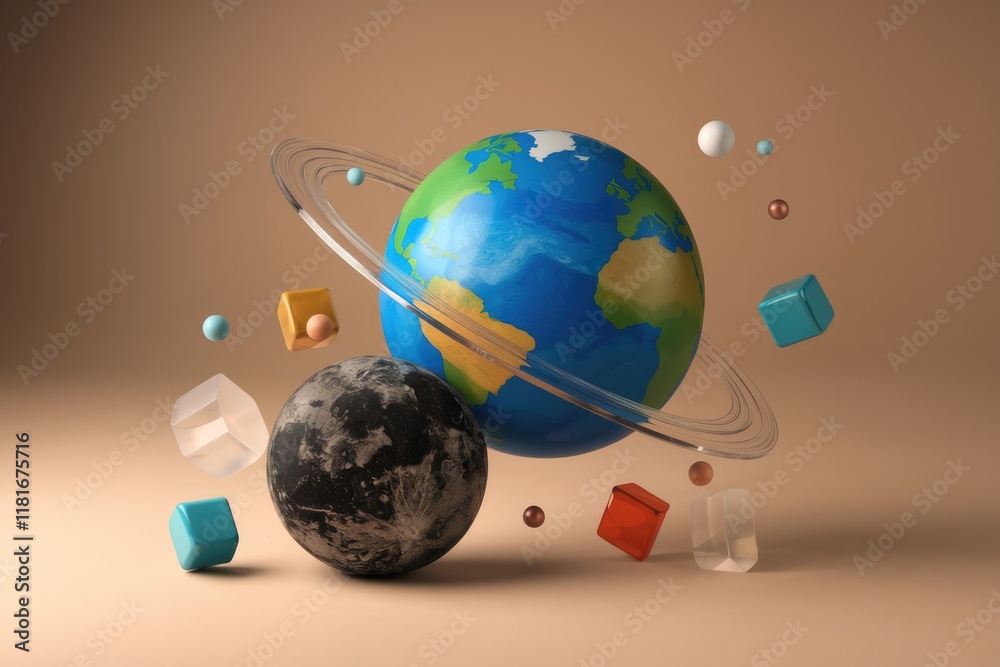 Poster A 3D rendering showing Earth and another planet with rings, surrounded by geometric shapes and small spheres.