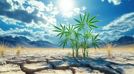 Detailed 3D Render of Desert Scene with Green Plants and Cracked Earth
