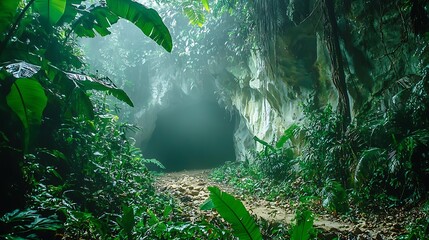 Lush cave entrance surrounded by dense vegetation.