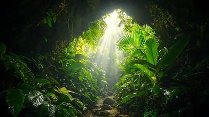 Lush jungle with sunlight filtering through foliage.