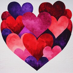 Obraz premium Watercolor Heart Collage Romantic Red Pink Purple Hearts for Valentine s Day