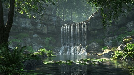 Serene waterfall in a lush, green landscape.
