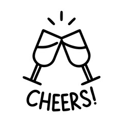  cheers text with clinking glasses icon, drinks line art, drinks vector - simple black line art icon of cheers text with clinking glasses perfect for logos, and drinks-themed designs.