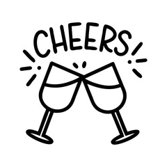  cheers text with clinking glasses icon, drinks line art, drinks vector - simple black line art icon of cheers text with clinking glasses perfect for logos, and drinks-themed designs.