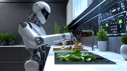 Robot preparing food in a modern kitchen.